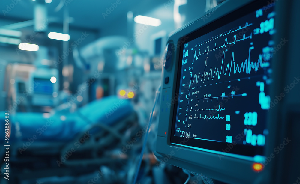 Medical monitor displaying vital signs in an ICU room. Medical monitor displaying vital signs in an ICU room.