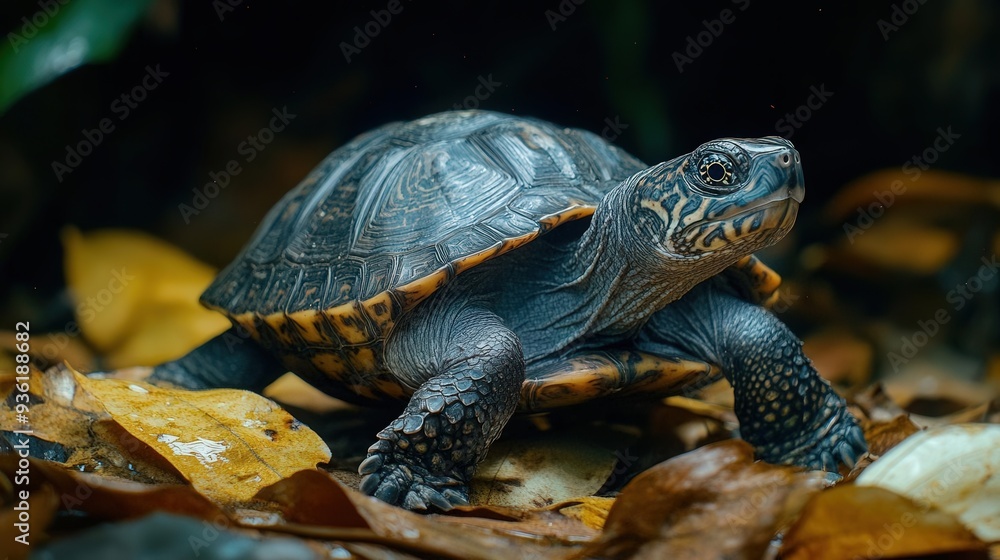 4K Realistic Mata mata turtle ambushing fish, camouflaged in leaf litter, 4K Realistic Mata mata turtle ambushing fish, camouflaged in leaf litter,