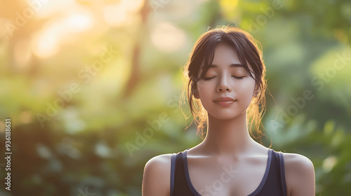 Asian woman in yoga pose with peaceful expression, blurred serene garden background