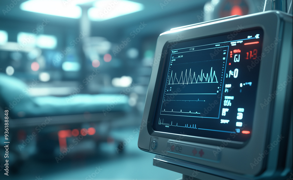 Medical monitor displaying vital signs in an ICU room. Medical monitor displaying vital signs in an ICU room.