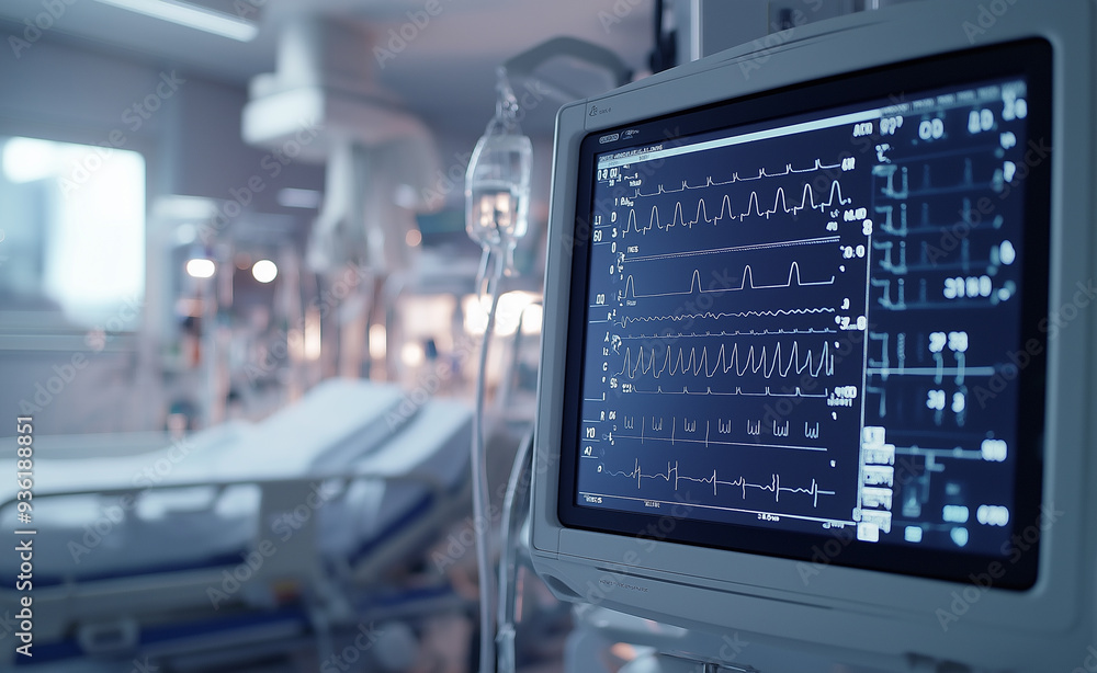 Medical monitor displaying vital signs in an ICU room. Medical monitor displaying vital signs in an ICU room.