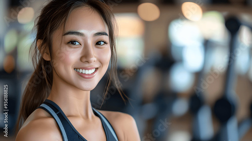 Asian woman in workout gear smiling confidently after workout, fitness studio, blurred background