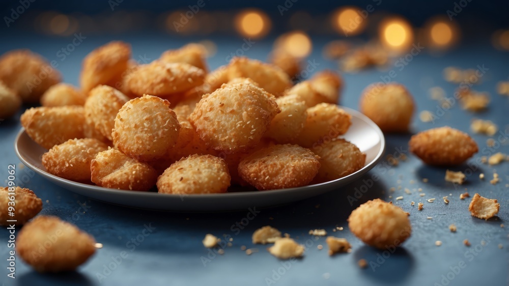 Crispy golden fried food on blue background. Crispy golden fried food on blue background.
