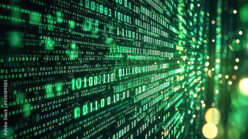 Cascading binary code in green on dark, tech-themed, light reflections, bird's-eye view, futuristic digital art Cascading binary code in green on dark, tech-themed, light reflections, bird's-eye view, futuristic digital art