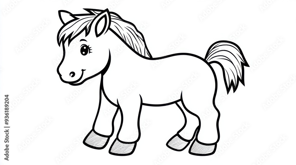 Fototapeta premium Outline illustration of a black and white horse for drawing and coloring on white background