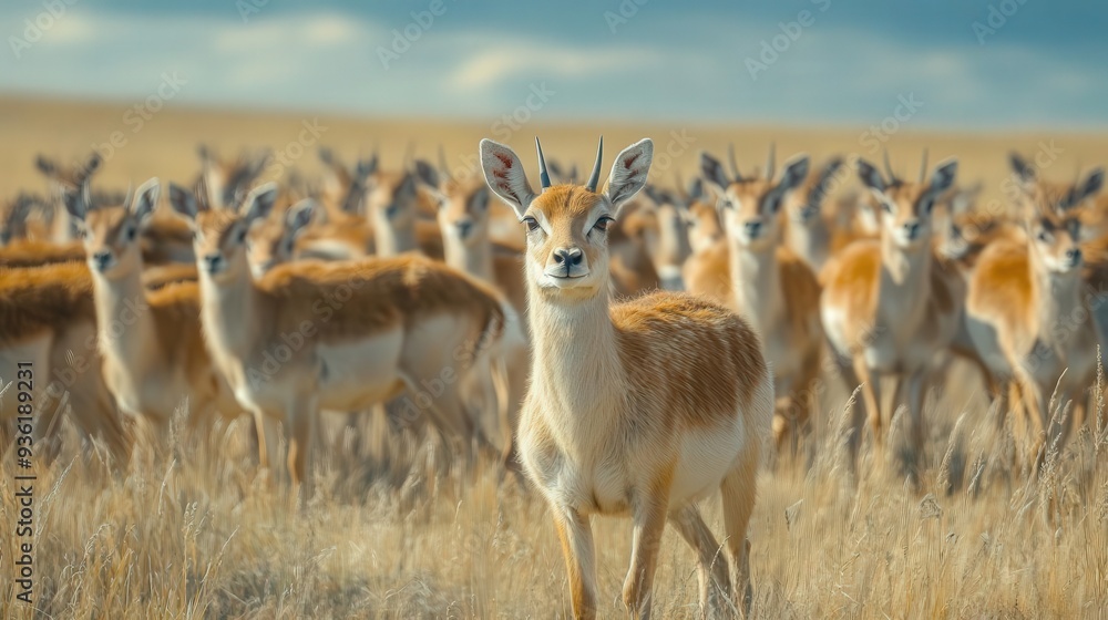 4K Realistic Saiga antelope herd migrating across Kazakh steppe, unique snouts, 4K Realistic Saiga antelope herd migrating across Kazakh steppe, unique snouts,