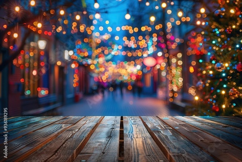 Wooden surface, blurry festive street background, colorful decorations, bright lighting, ample space for advertisement, vibrant setting