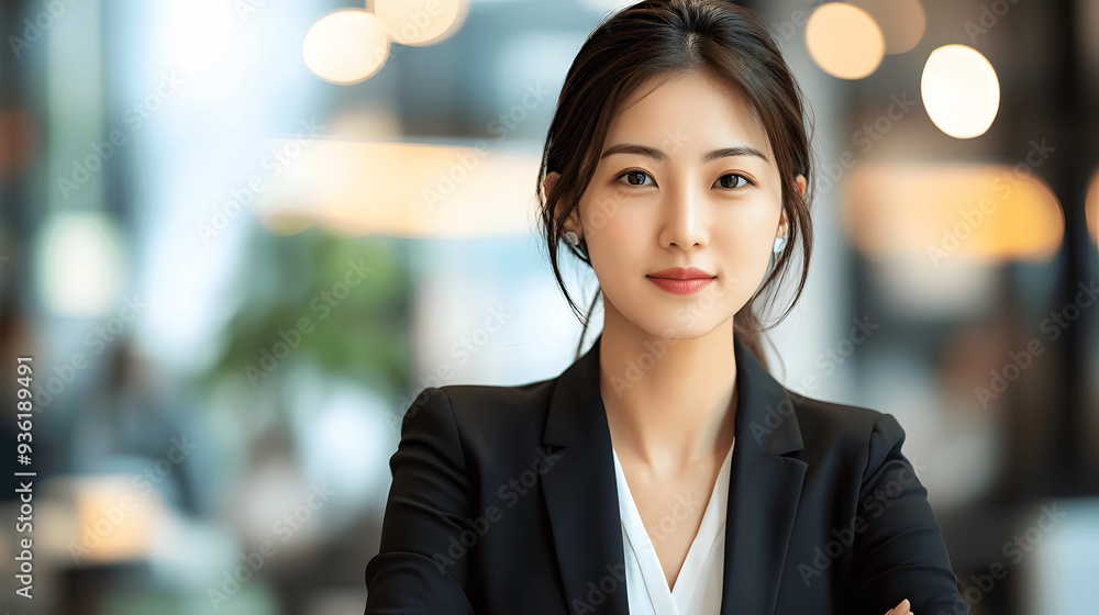 Confident Asian businesswoman with poised expression, against blurred office background Confident Asian businesswoman with poised expression, against blurred office background