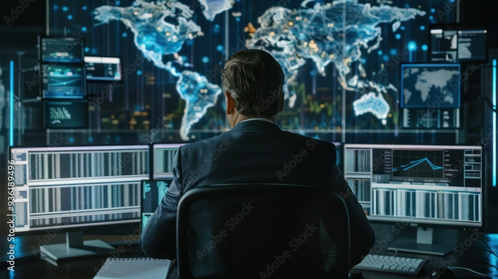 Cyber security analyst monitoring network traffic on multiple screens. Cyber security analyst monitoring network traffic on multiple screens.