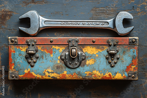 Vintage toolbox with a wrench on top, set against a textured background. Suitable for home improvement, vintage style, and industrial themes