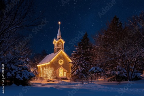 A small church with a steeple is lit up in the snow. Christmas background