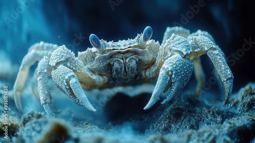 4K Realistic Yeti crab near hydrothermal vent, deep sea ecosystem,