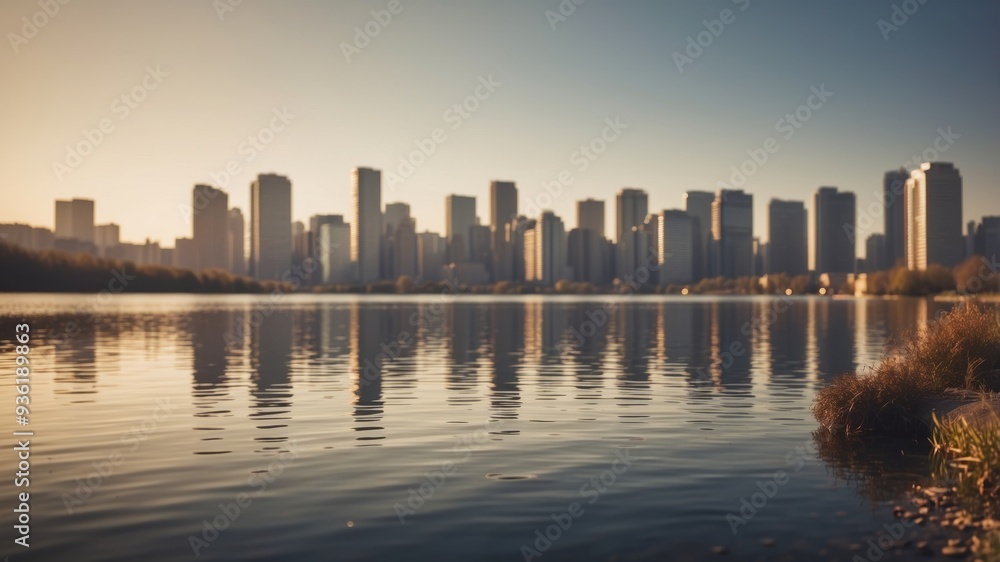 Obraz premium A Lake With A City Skyline In The Background.