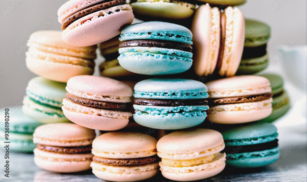 A stack of macarons in various colors sits on a table A stack of macarons in various colors sits on a table
