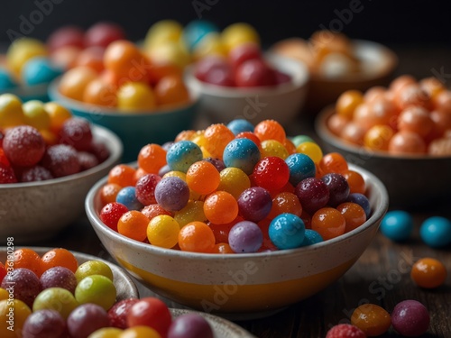 A lots of candies, jellies, and sweets arranged in bowls on a table, Colorful candies.