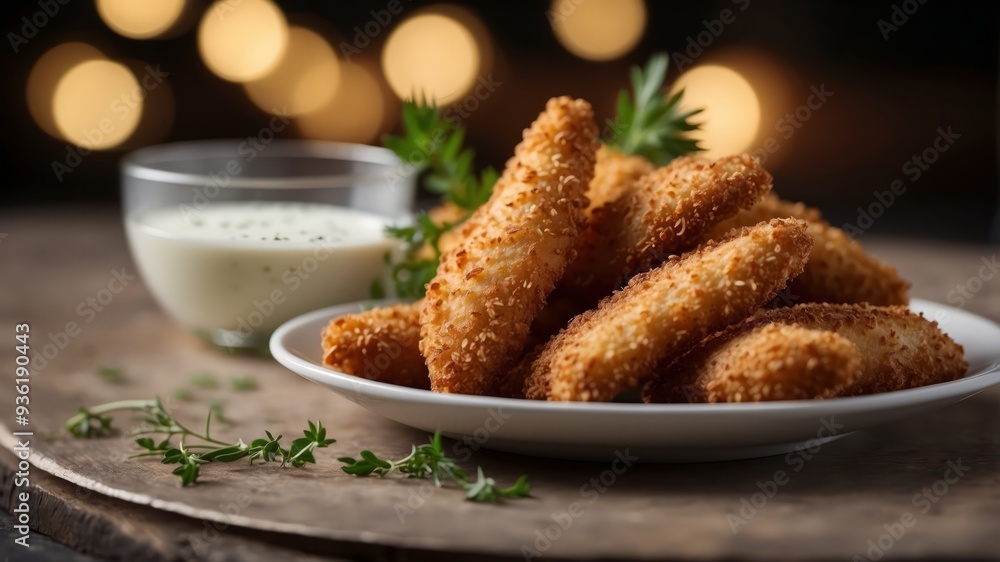 Crispy breaded chicken tenders with ranch dipping sauce and herbs. Crispy breaded chicken tenders with ranch dipping sauce and herbs.