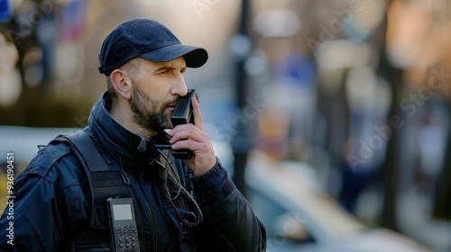 Outdoor security guard using a handheld radio to communicate with colleagues.