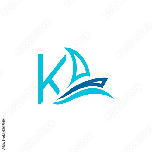 vector logo combination of sailing ship or boat with letters, initials, alphabet, with blue base color for business purposes and others