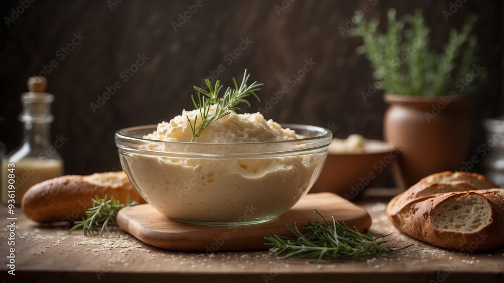 Dough rising in glass bowl with herbs and bread in rustic kitchen. Dough rising in glass bowl with herbs and bread in rustic kitchen.
