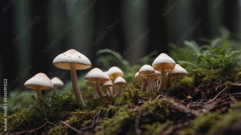 delicate cluster of white mushrooms thriving on rich soil in a forest. delicate cluster of white mushrooms thriving on rich soil in a forest.