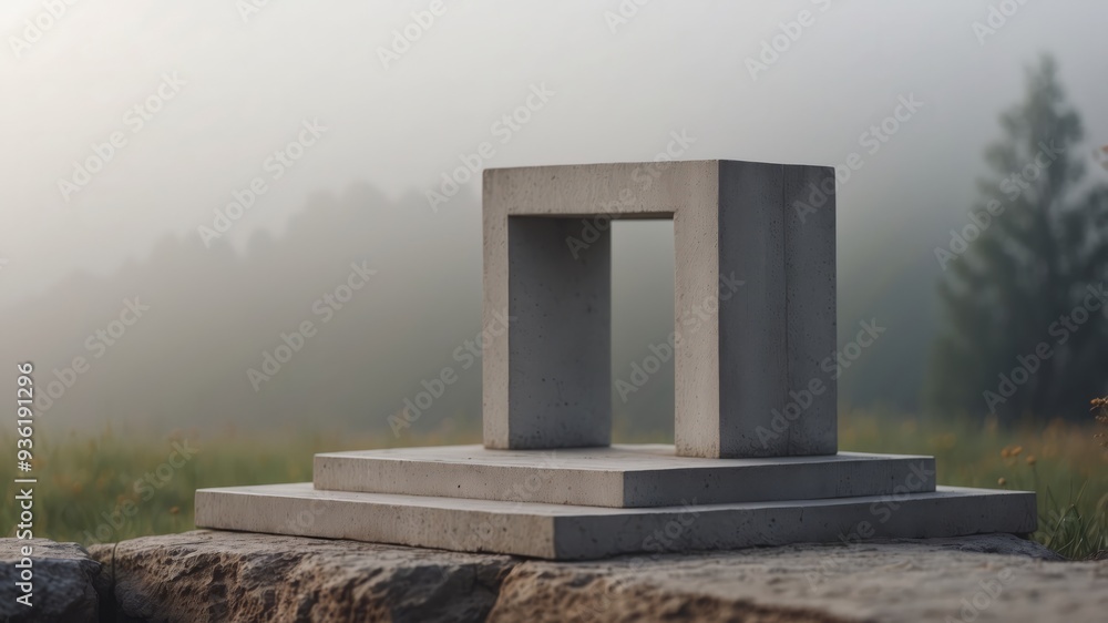 A foggy landscape with a concrete structure in the foreground. A foggy landscape with a concrete structure in the foreground.