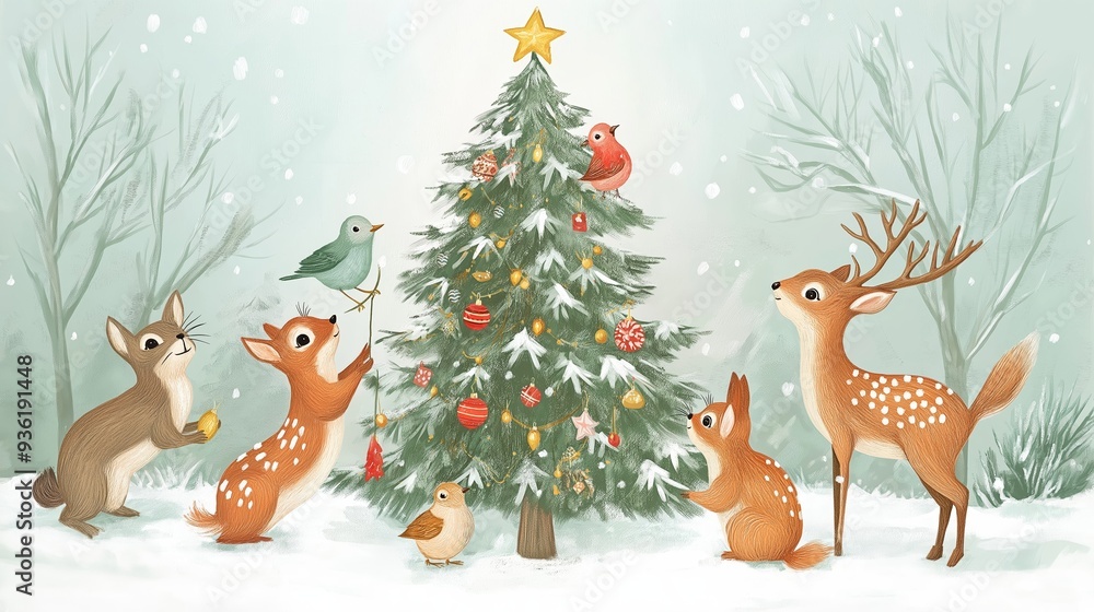 A group of animals are gathered around a Christmas tree. Christmas background A group of animals are gathered around a Christmas tree. Christmas background