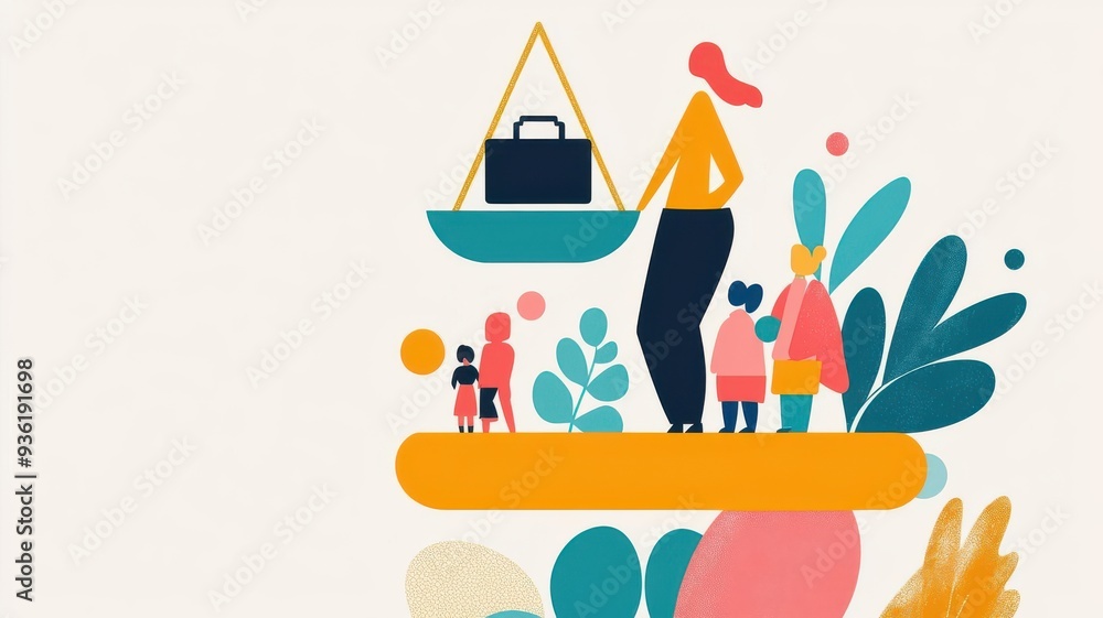 Obraz premium A vibrant illustration of a woman balancing a briefcase, surrounded by colorful plants and figures, symbolizing work-life balance.