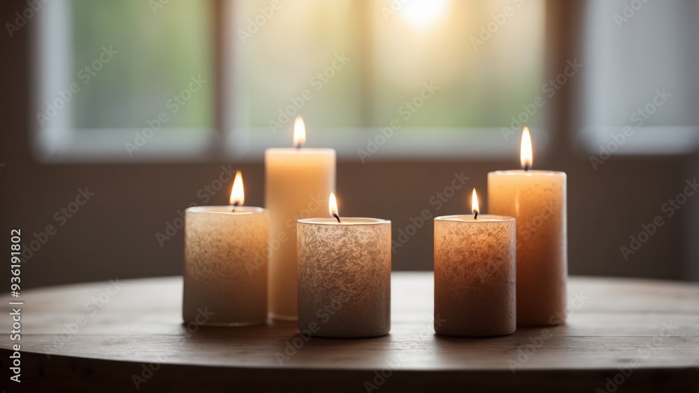 Three candles on a wooden table in a bright room. Three candles on a wooden table in a bright room.