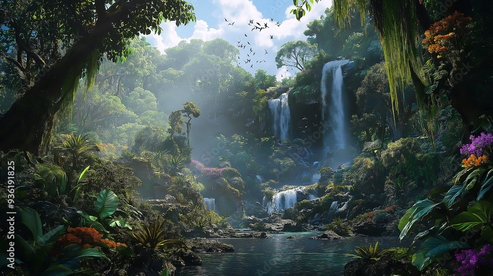 Lush, tropical rainforest, dense foliage, diverse wildlife, exotic birds, high quality, photorealistic, vibrant, breathtaking, waterfalls, misty, emerald green, ancient trees Lush, tropical rainforest, dense foliage, diverse wildlife, exotic birds, high quality, photorealistic, vibrant, breathtaking, waterfalls, misty, emerald green, ancient trees
