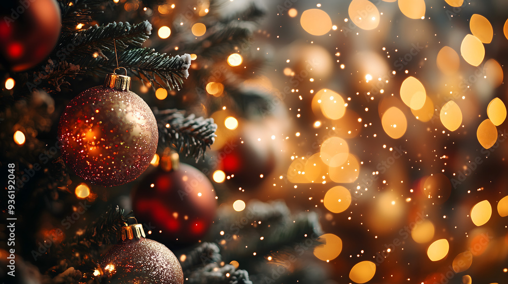 Sparkling Christmas Decorations on Festive Fir Tree with Warm Bokeh Lights Sparkling Christmas Decorations on Festive Fir Tree with Warm Bokeh Lights