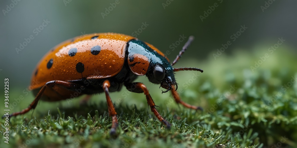 One brightly colored beetle perches on one green leonef. One brightly colored beetle perches on one green leonef.