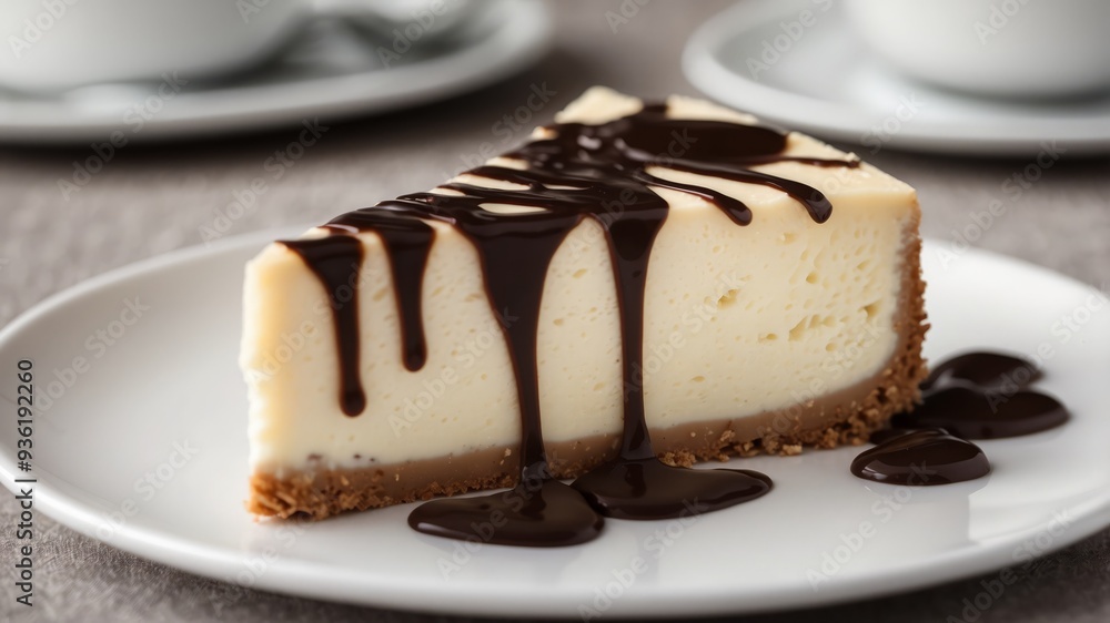 Slice of cheesecake with chocolate drizzled on top white plate. Slice of cheesecake with chocolate drizzled on top white plate.