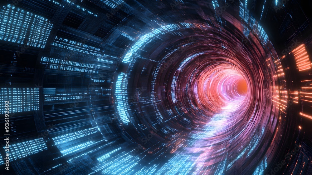 12. A 3D render of a data stream flowing through a futuristic digital tunnel 12. A 3D render of a data stream flowing through a futuristic digital tunnel