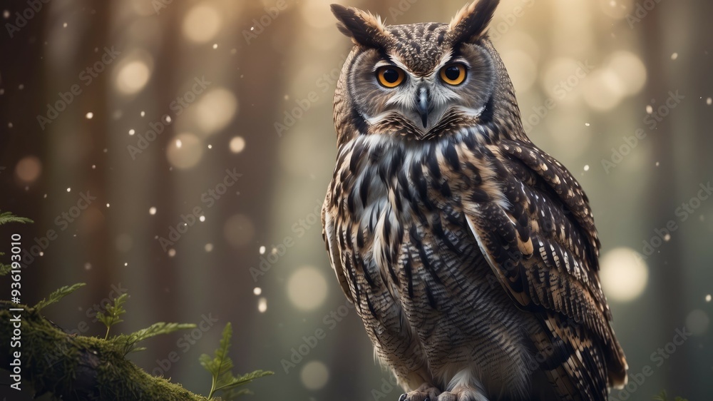 Majestic Owl Perched in Enchanting Moonlit Forest Landscape. Majestic Owl Perched in Enchanting Moonlit Forest Landscape.