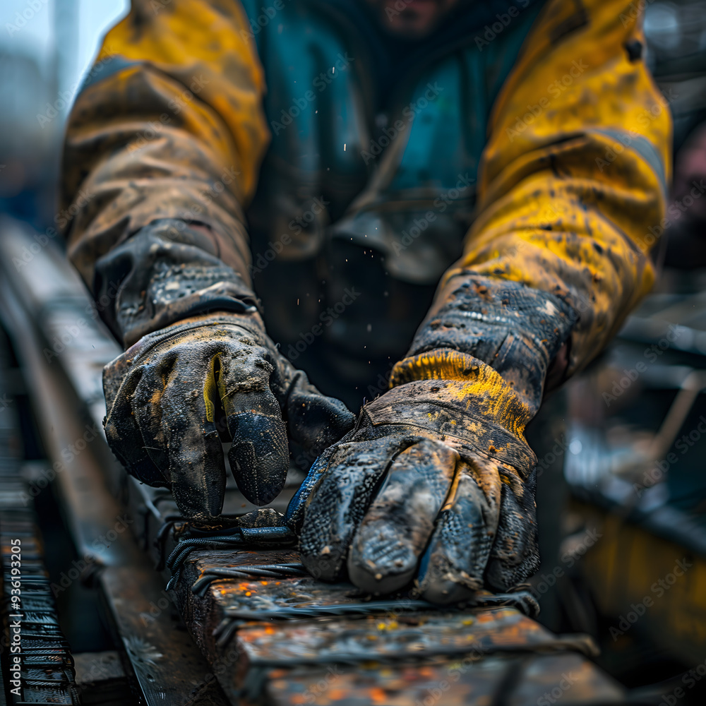 Close-Up of Worker's Hands in Dirty Gloves at Construction Site
