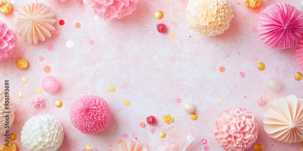 A pink background with a bunch of colorful paper flowers and confetti. The flowers are in various colors and sizes, and the confetti is scattered around the background A pink background with a bunch of colorful paper flowers and confetti. The flowers are in various colors and sizes, and the confetti is scattered around the background