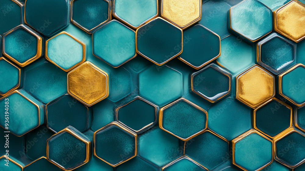 Luxurious Geometry: Turquoise and Gold Hexagonal Tiles with Glossy Finish Luxurious Geometry: Turquoise and Gold Hexagonal Tiles with Glossy Finish
