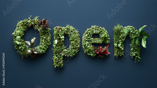 Word Open out of leaves and plants on solid background