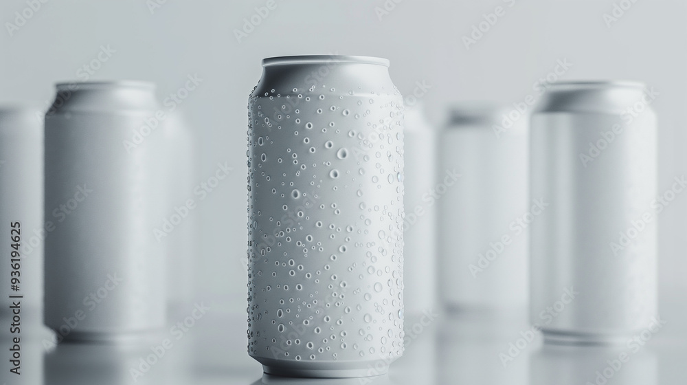 Minimalistic white aluminum cans arranged in rows with condensation. Minimalistic white aluminum cans arranged in rows with condensation.