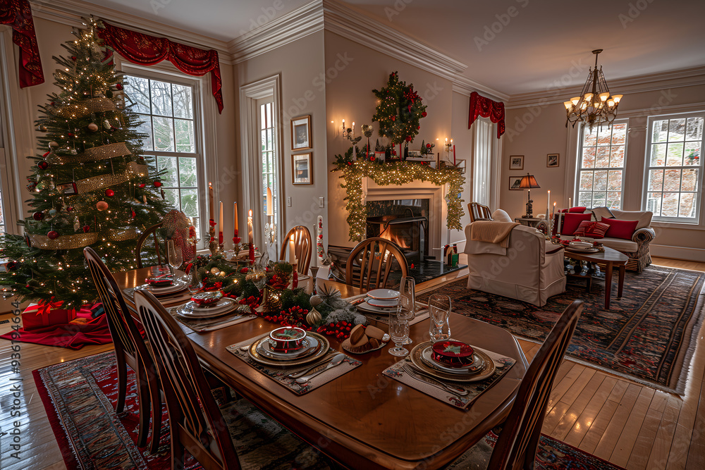 Elegant Christmas Dinner Table Setting with Fireplace and Tree Decor Elegant Christmas Dinner Table Setting with Fireplace and Tree Decor