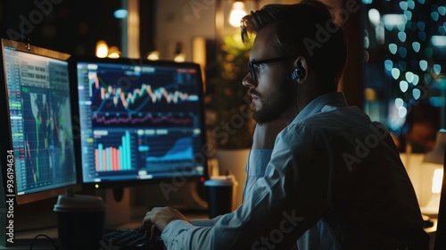 An investment bank analyst works at a computer with a multi-monitor workstation, analyzing real-time stocks, commodities, and exchange market charts.