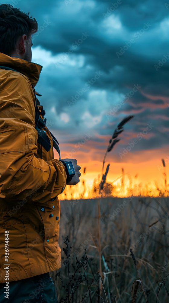 Photo Realistic Meteorologist Tracking Weather with Smartwatch in Open Field Technology and Climate Change Studies Concept Photo Realistic Meteorologist Tracking Weather with Smartwatch in Open Field Technology and Climate Change Studies Concept