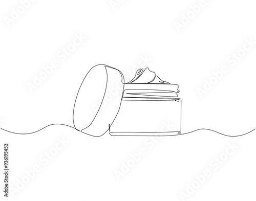 Continuous one line drawing of cosmetic cream. One line drawing illustration of face cream lotion. International beauty day, Skincare concept line art. Editable outline