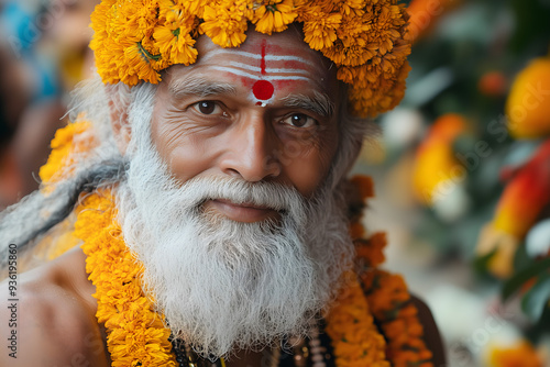 Elderly Hindu Sadhu with Vivid Face Paint in a Spiritual Portrait photo