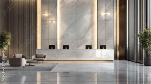 High-end bank lobby with a sophisticated design, showcasing marble floors, elegant lighting, and minimalist furnishings
