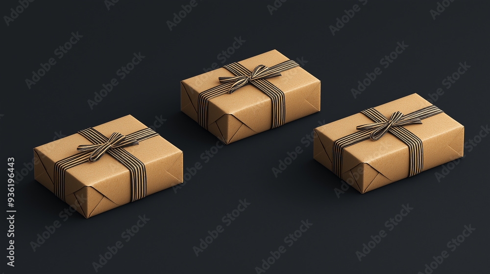 Three minimal elegantly wrapped brown presents with black and gold ribbon on dark background Three minimal elegantly wrapped brown presents with black and gold ribbon on dark background