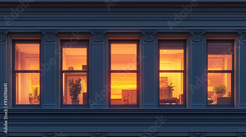Cast iron building facade in new york city at sunset showing cozy living rooms inside