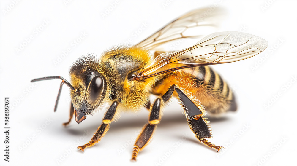 Honey bee standing on a white background showing its delicate wings Honey bee standing on a white background showing its delicate wings