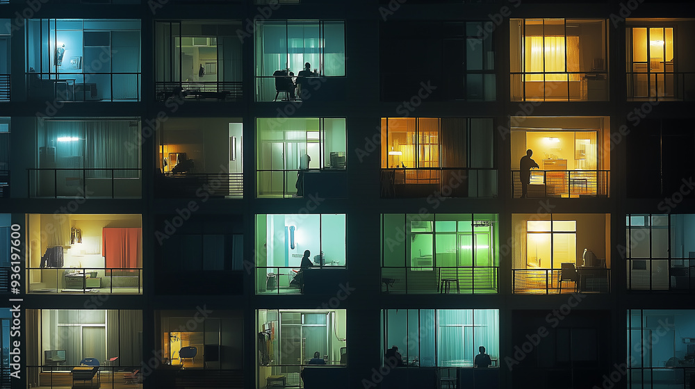 People spending time in their apartments at night in a big city building People spending time in their apartments at night in a big city building