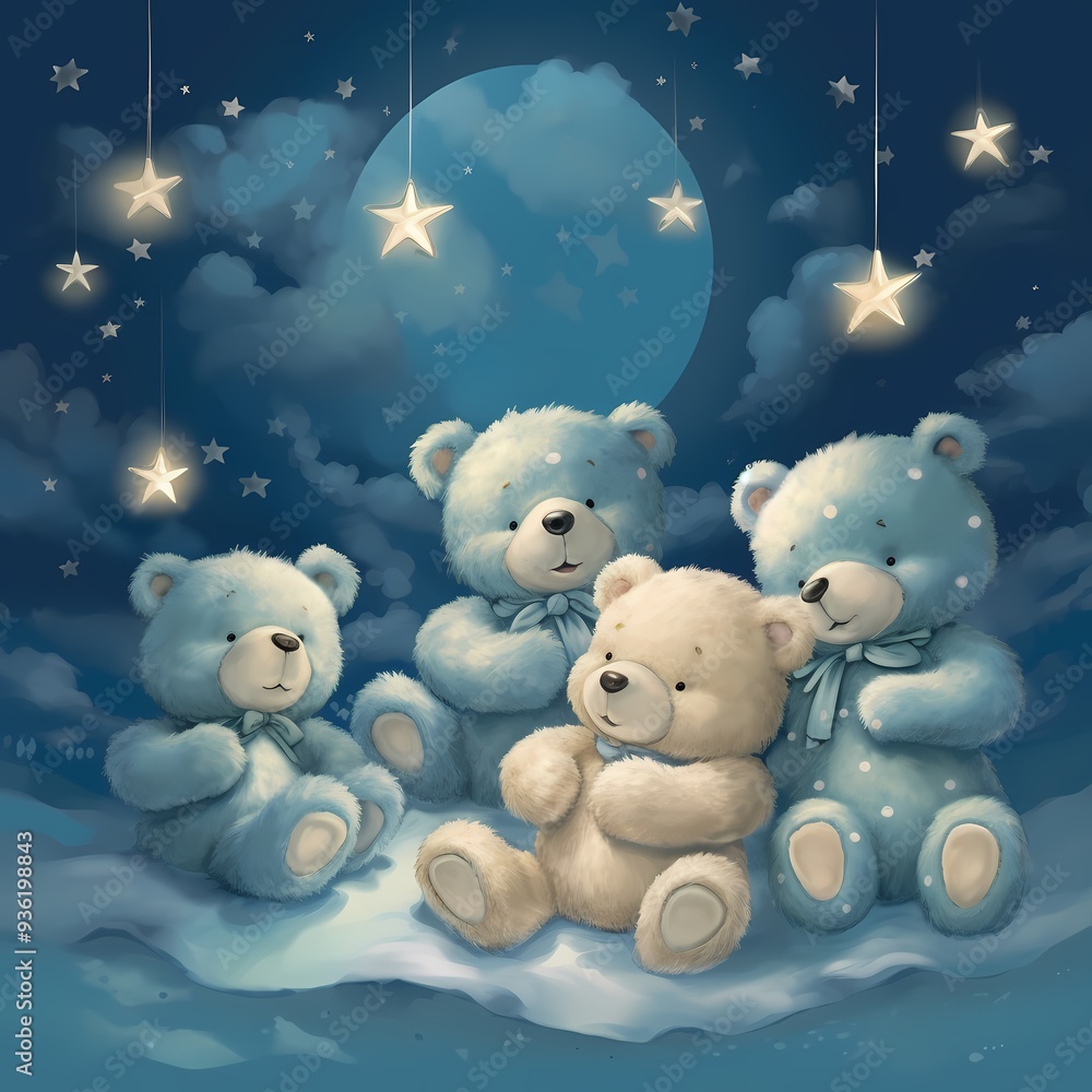cuddly teddy bears with blue ribbons sitting among stars and clouds in ...